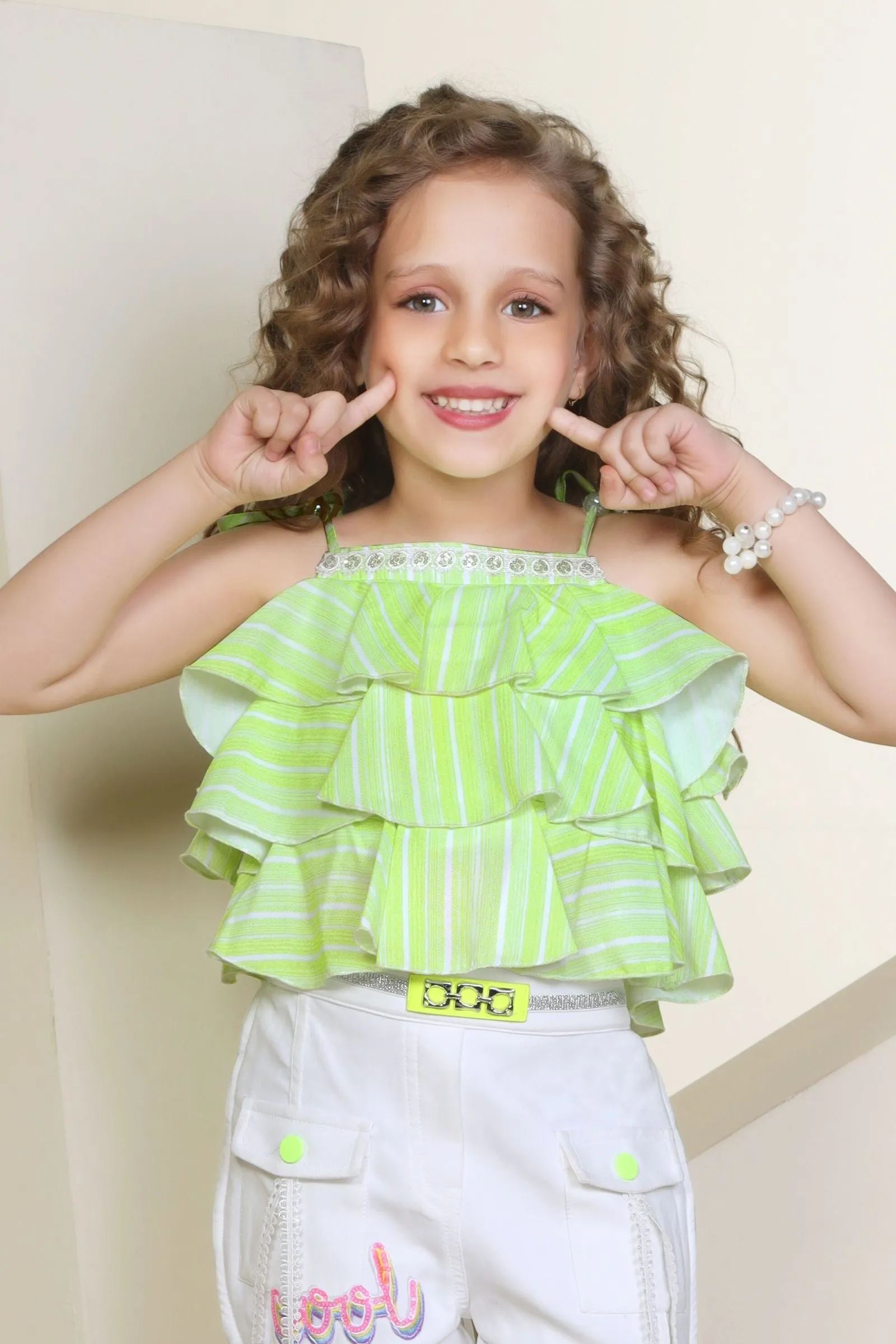 Green with White Printed Top and Shorts For Girls