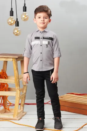 Grey and Black Casual wear Pant and Shirt Set for Boys
