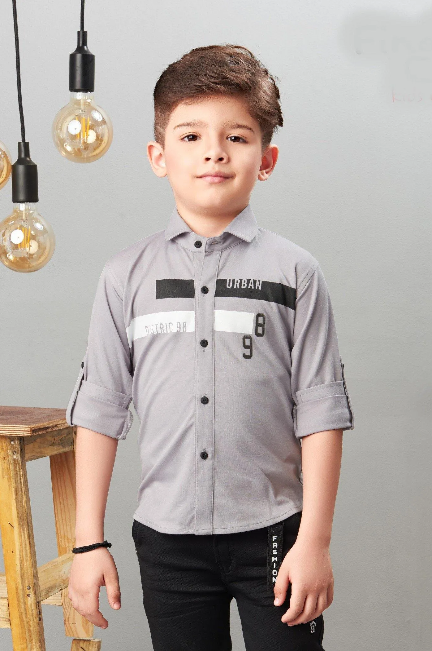 Grey and Black Casual wear Pant and Shirt Set for Boys