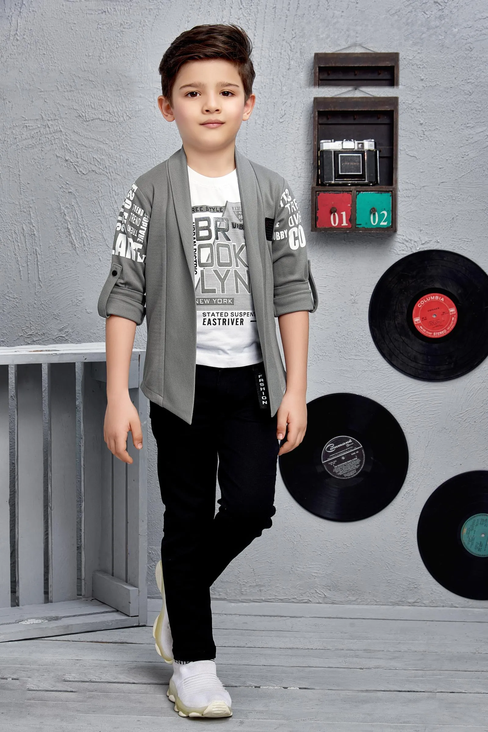 Grey Blazer with White T-Shirt and Black Pant Set for Boys