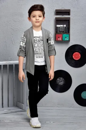 Grey Blazer with White T-Shirt and Black Pant Set for Boys