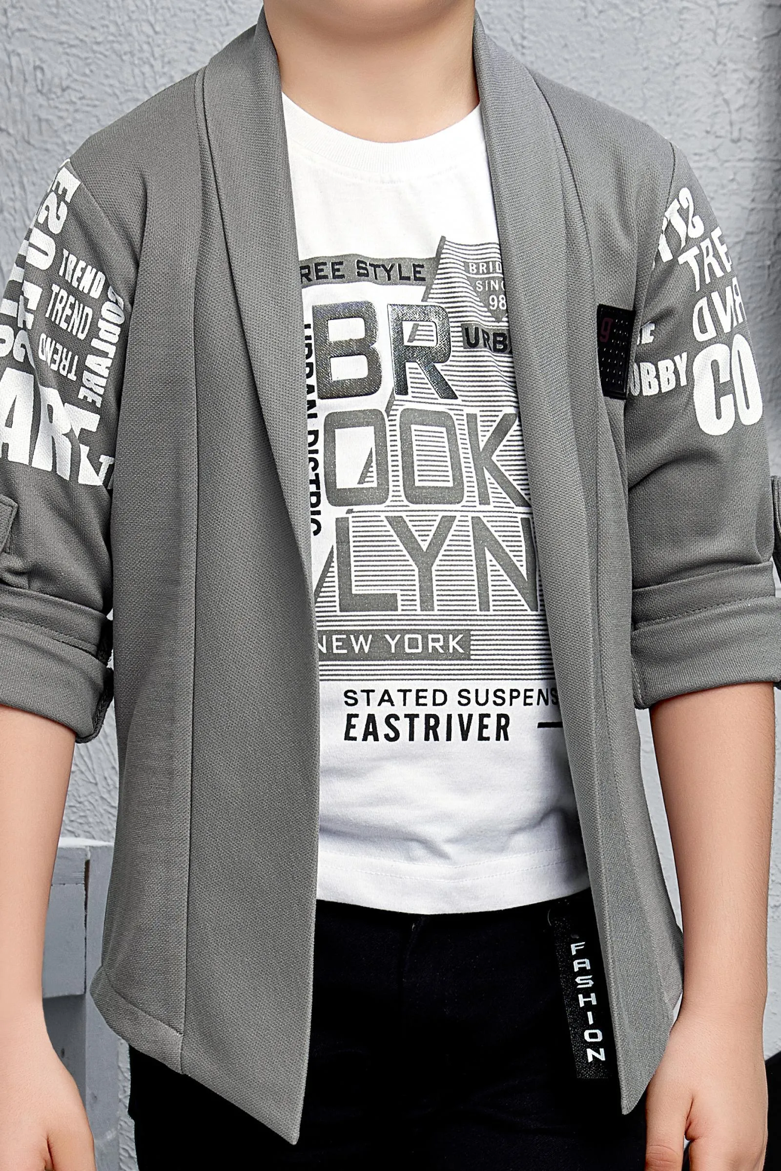 Grey Blazer with White T-Shirt and Black Pant Set for Boys