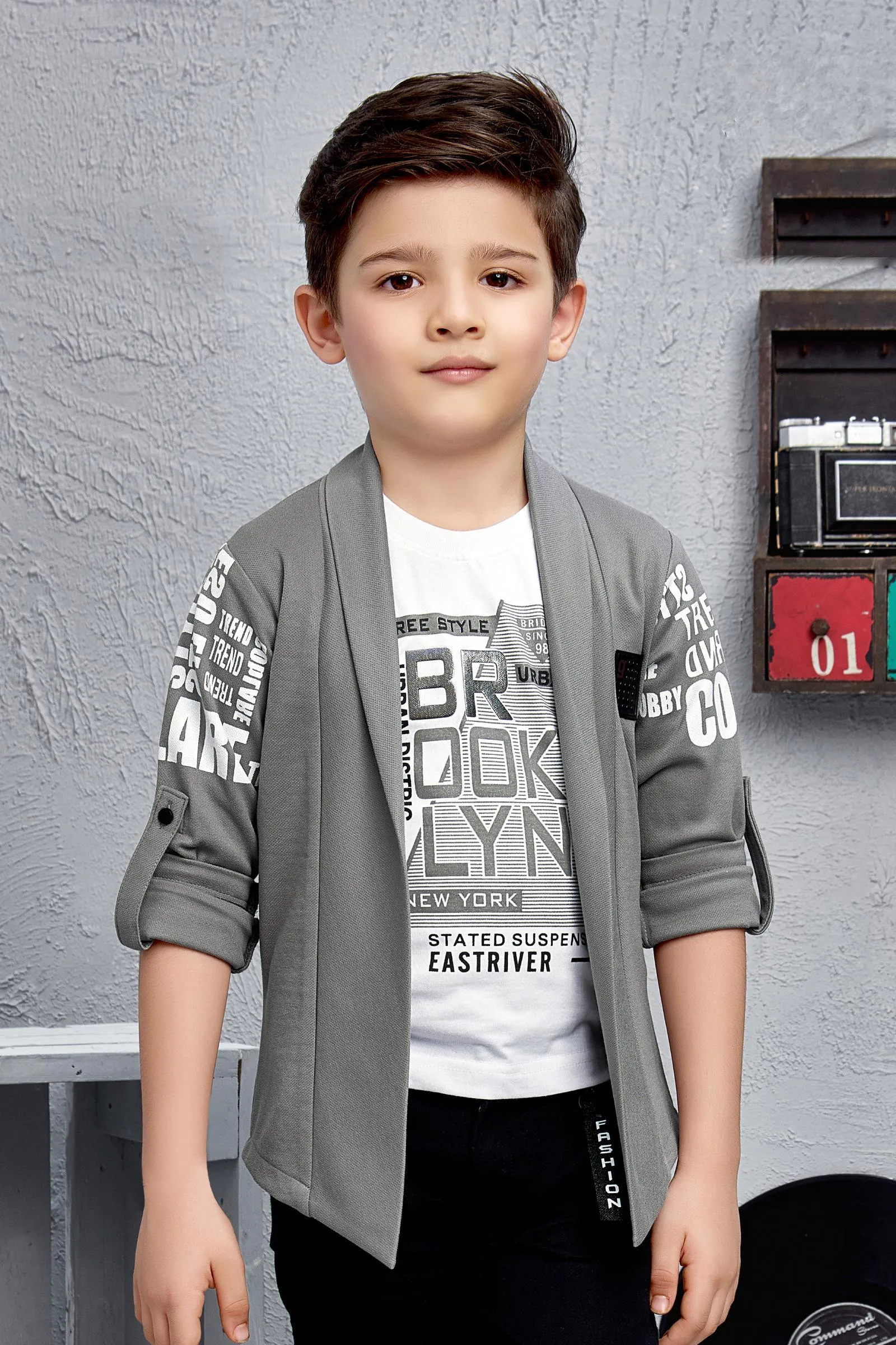 Grey Blazer with White T-Shirt and Black Pant Set for Boys