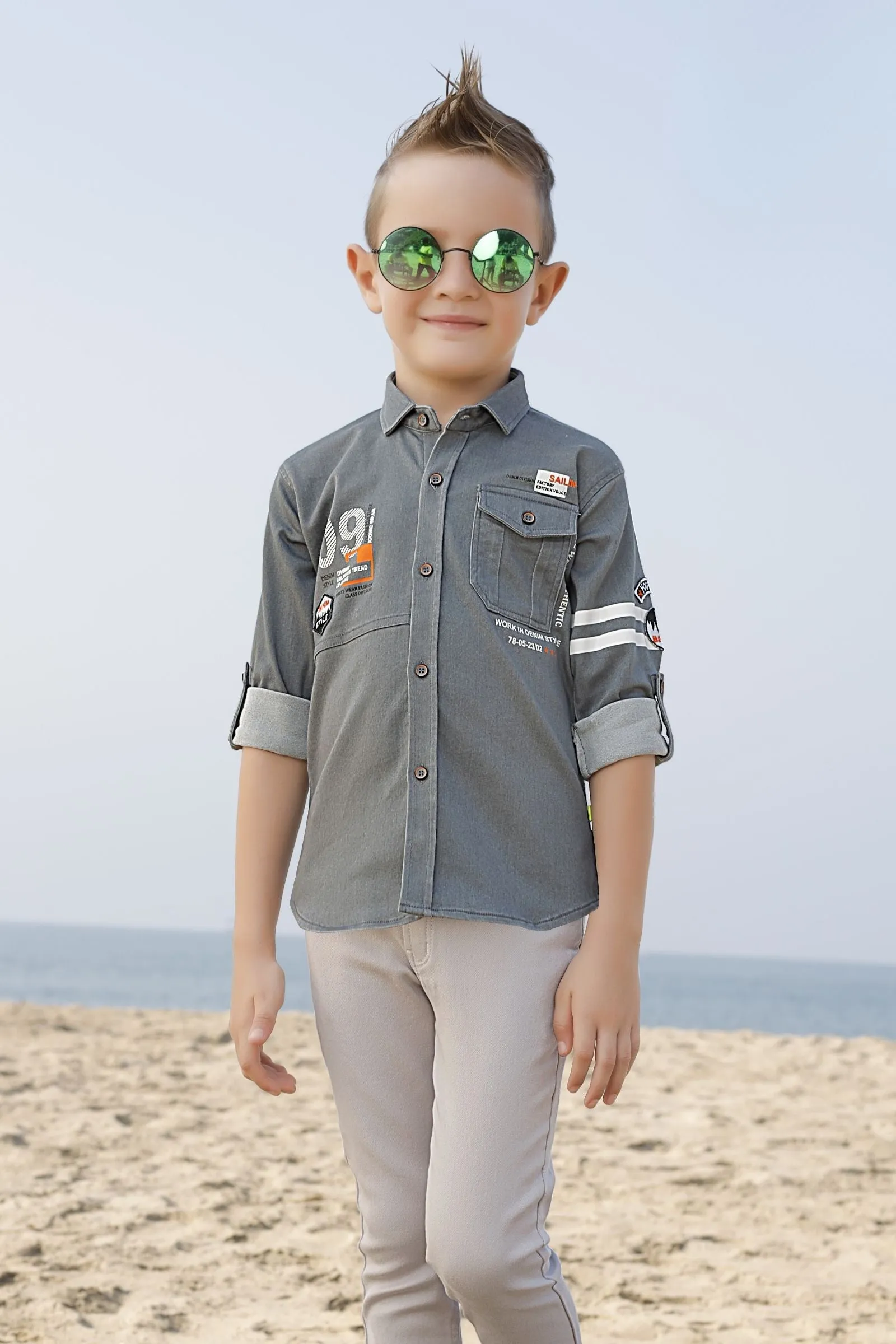 Grey Casual wear Printed Shirt and Pant Set for Boys