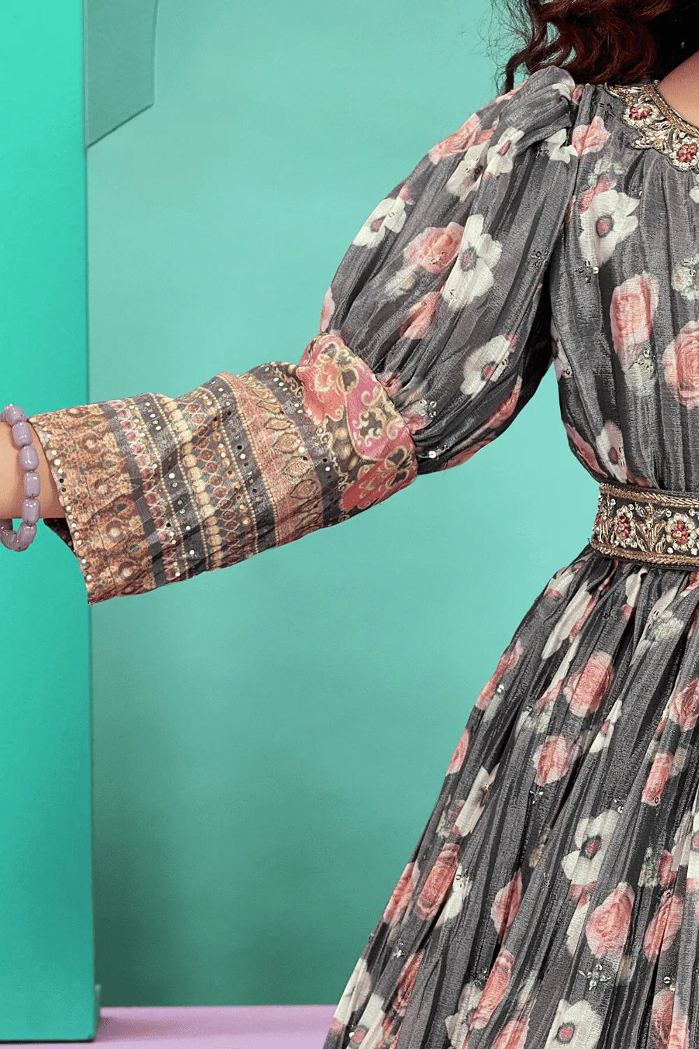 Grey Floral Print, Zardozi, Pearl, Stone and Sequins work with Belt Long Party Gown for Girls