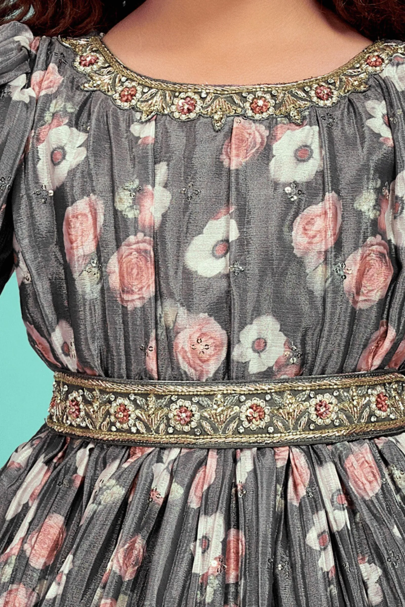 Grey Floral Print, Zardozi, Pearl, Stone and Sequins work with Belt Long Party Gown for Girls