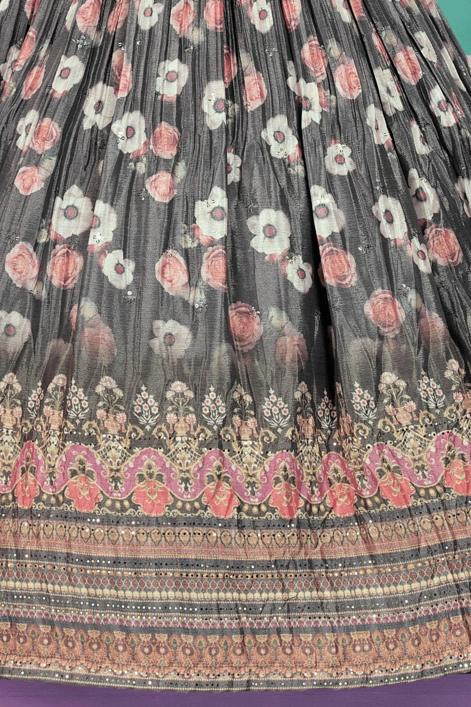 Grey Floral Print, Zardozi, Pearl, Stone and Sequins work with Belt Long Party Gown for Girls