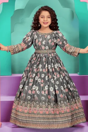 Grey Floral Print, Zardozi, Pearl, Stone and Sequins work with Belt Long Party Gown for Girls