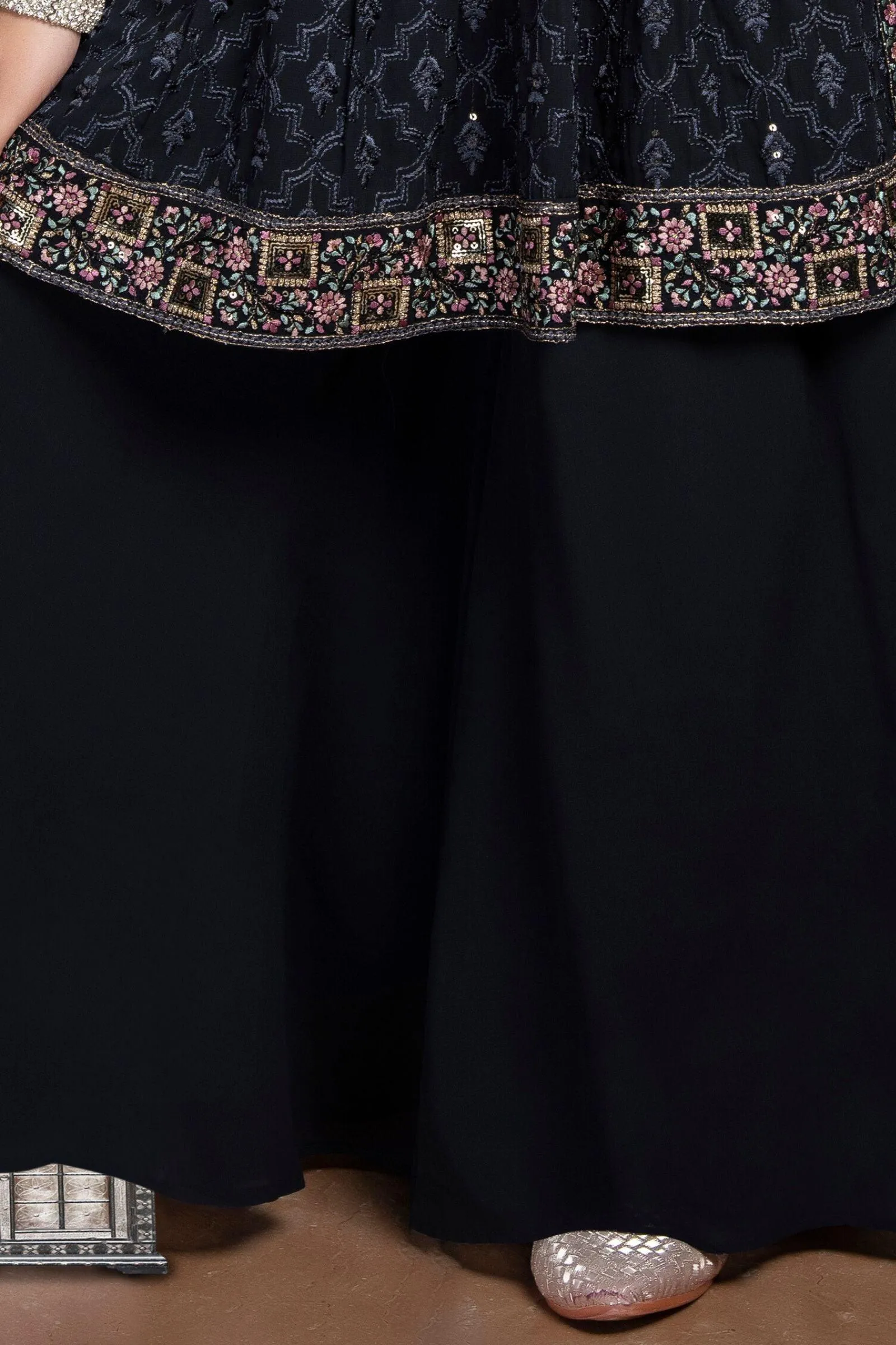 Grey Multicolor Embroidery and Sequins work Peplum Top and Palazzo Set for Girls