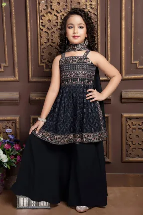 Grey Multicolor Embroidery and Sequins work Peplum Top and Palazzo Set for Girls