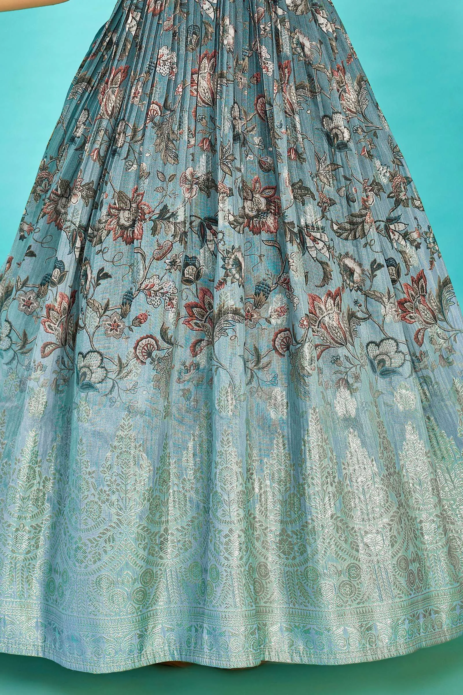 Grey with Blue Banaras and Stone work with Digital Print Long Party Gown for Girls