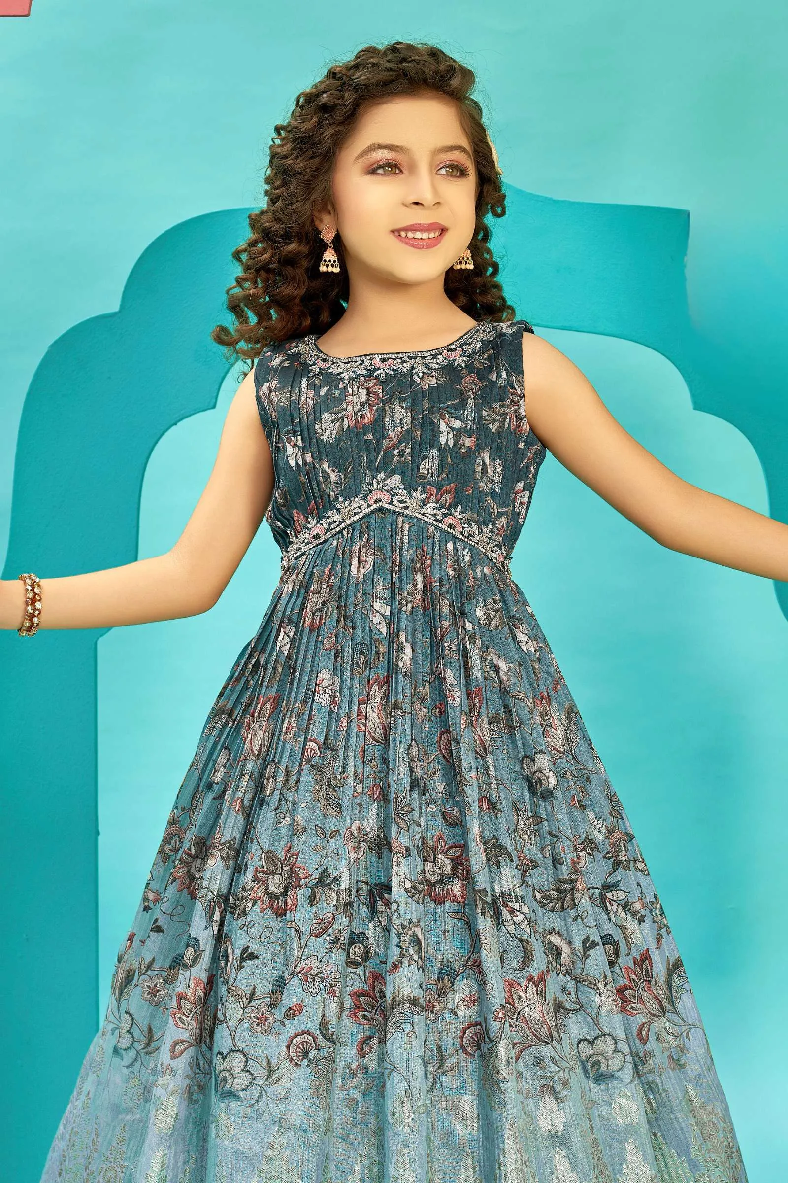 Grey with Blue Banaras and Stone work with Digital Print Long Party Gown for Girls
