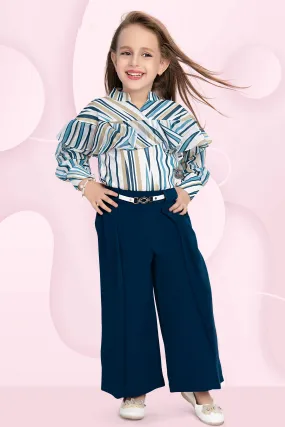 Half White abstract Print Top with Peacock Blue Palazzo Set for Girls