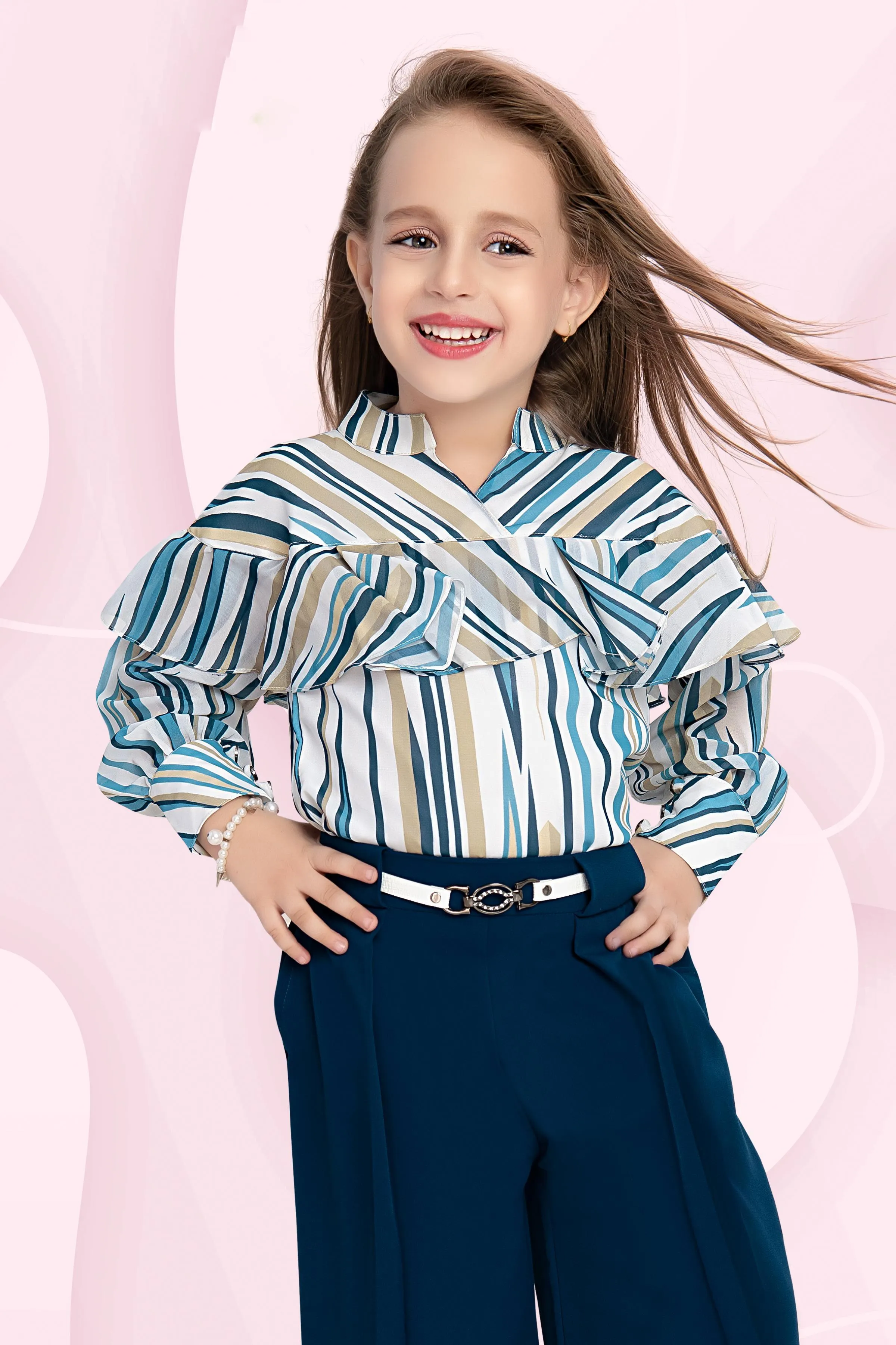 Half White abstract Print Top with Peacock Blue Palazzo Set for Girls