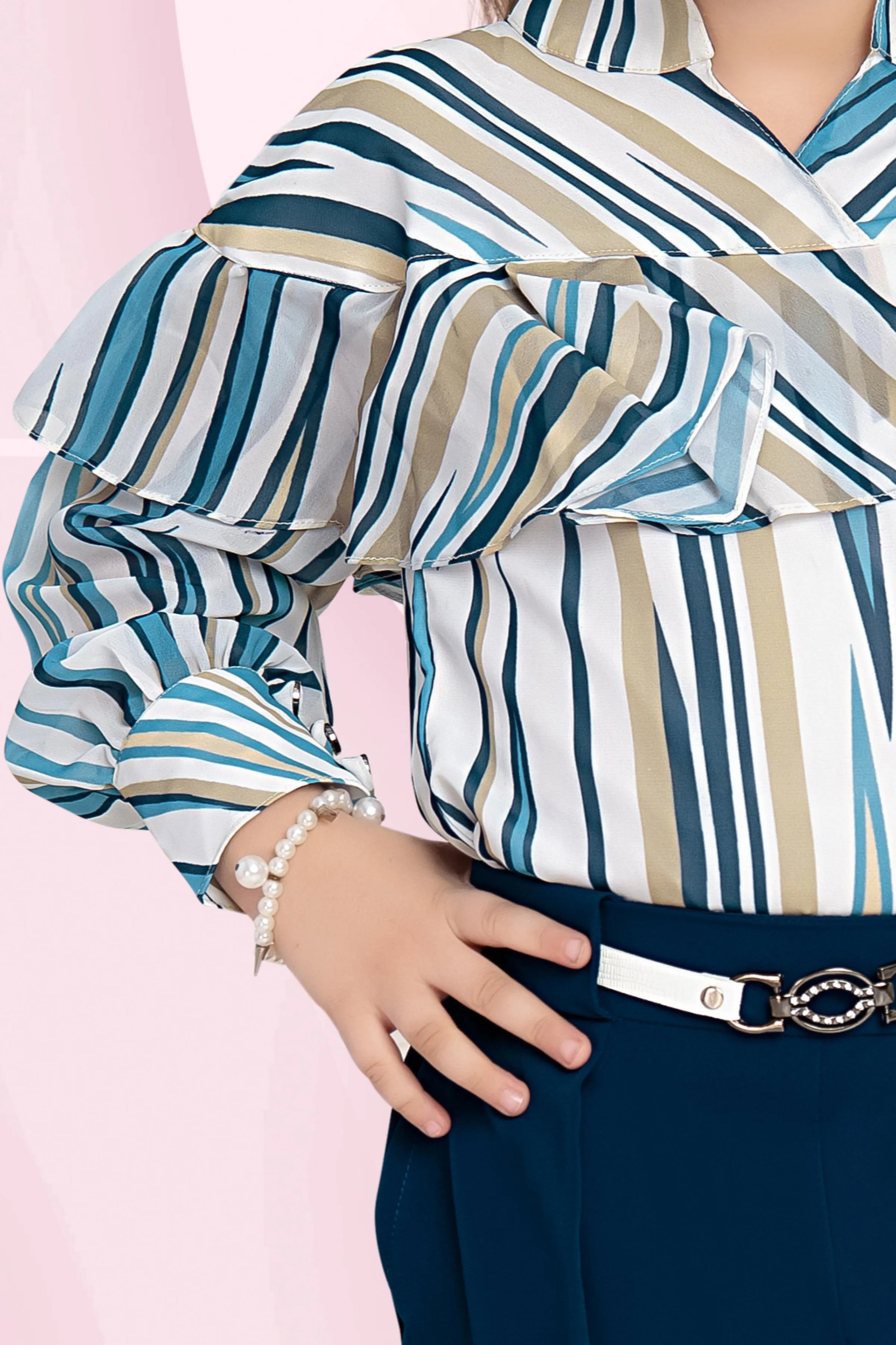 Half White abstract Print Top with Peacock Blue Palazzo Set for Girls