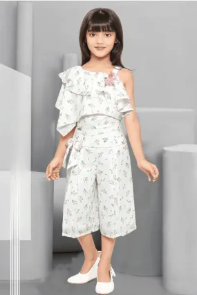 Half White Floral Print Top with Palazzo Set for Girls