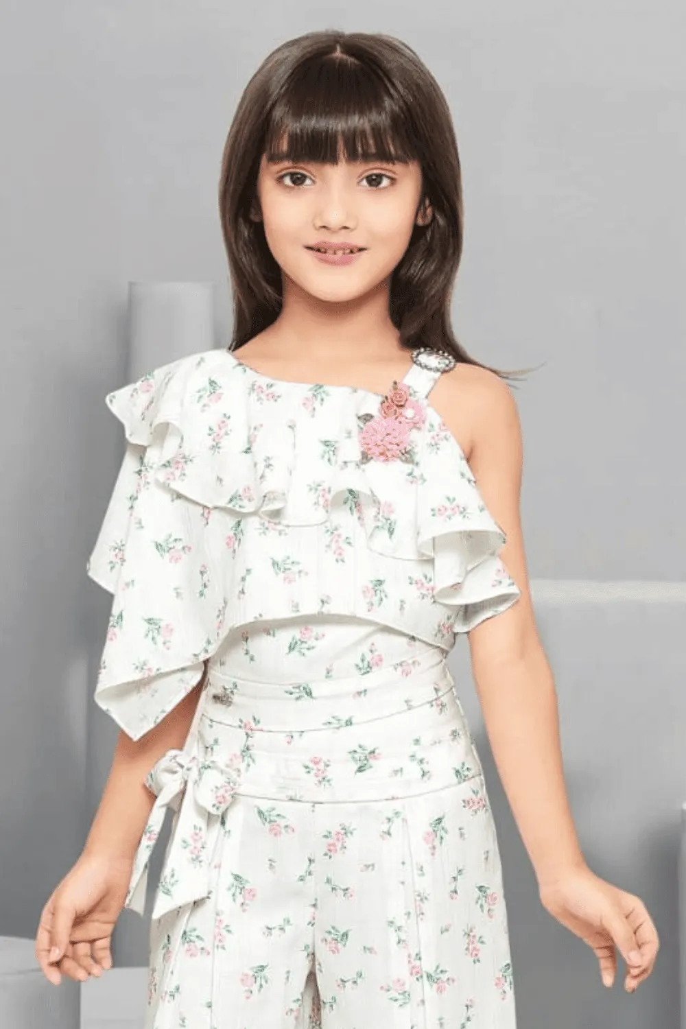 Half White Floral Print Top with Palazzo Set for Girls