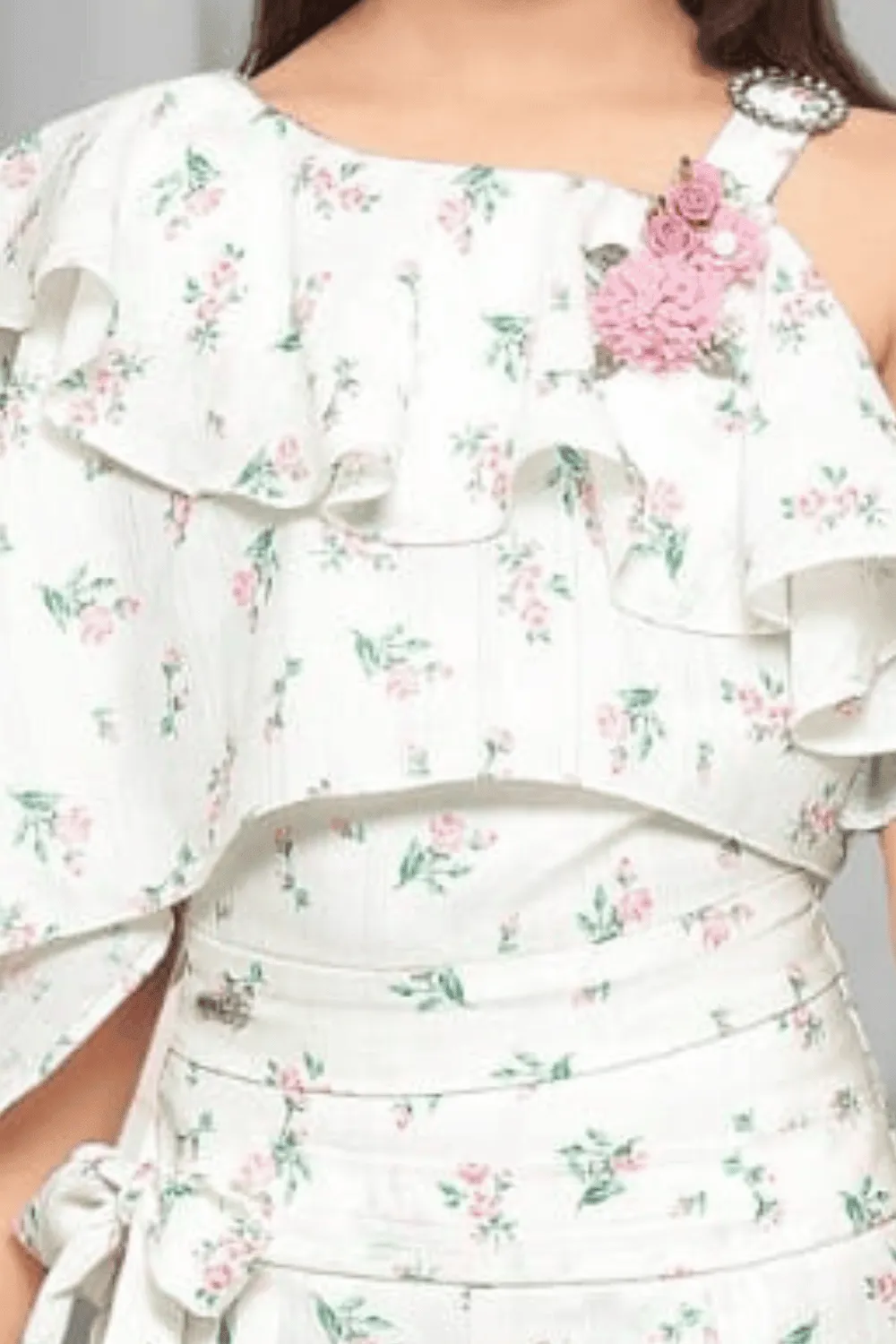 Half White Floral Print Top with Palazzo Set for Girls