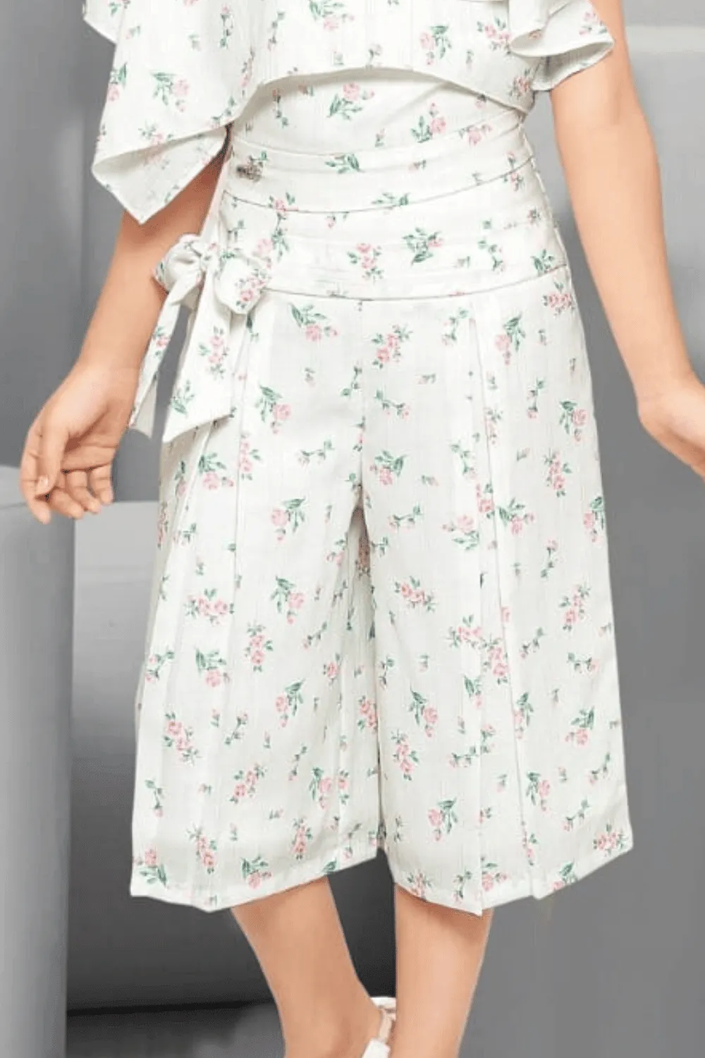Half White Floral Print Top with Palazzo Set for Girls