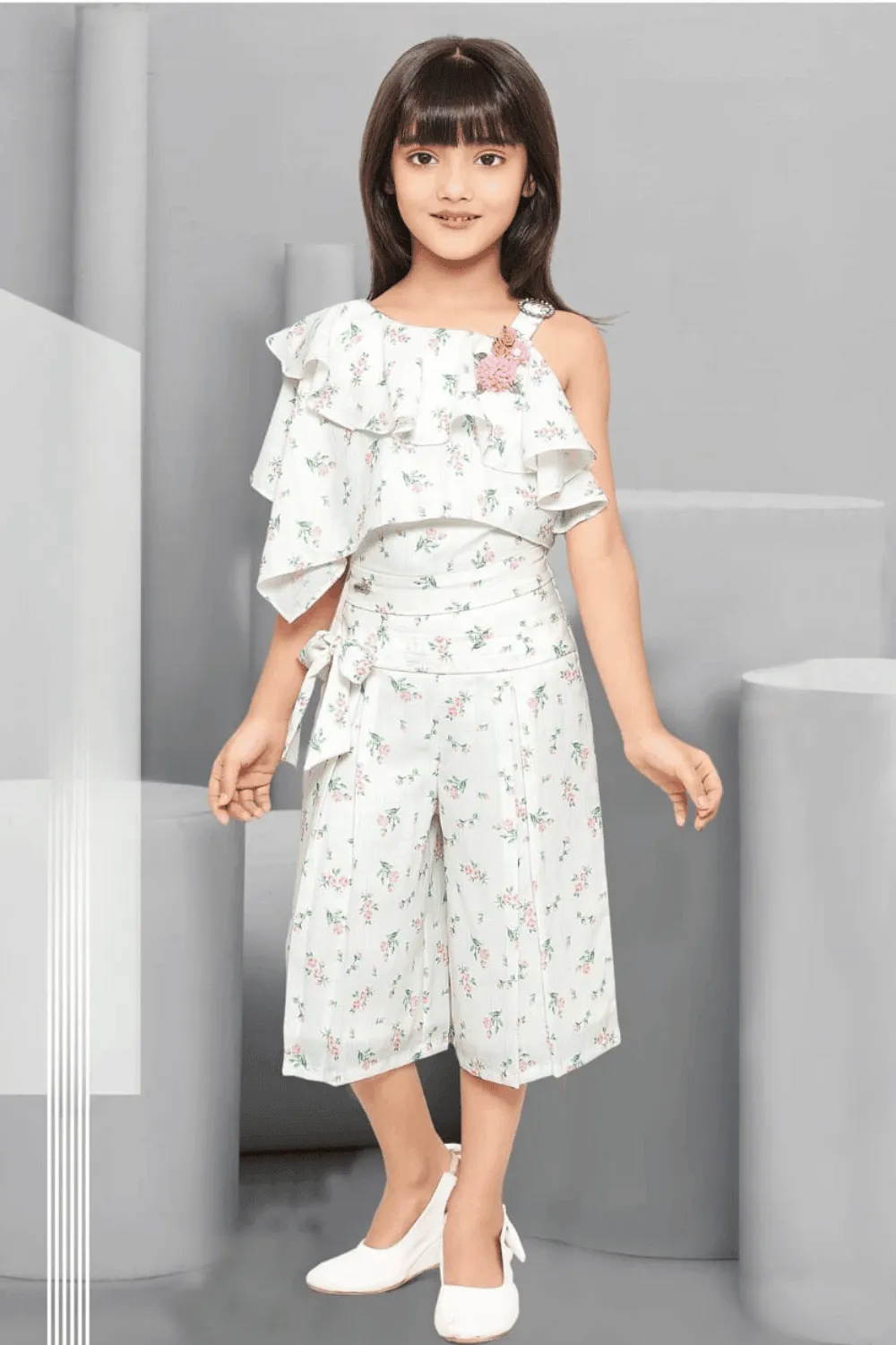 Half White Floral Print Top with Palazzo Set for Girls