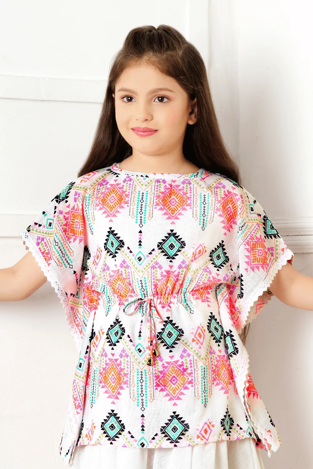Half White Multicolor Digital Print Kaftan Styled Top and Knee Length Casual Frock for Girls