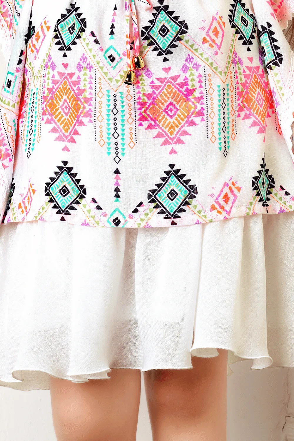 Half White Multicolor Digital Print Kaftan Styled Top and Knee Length Casual Frock for Girls