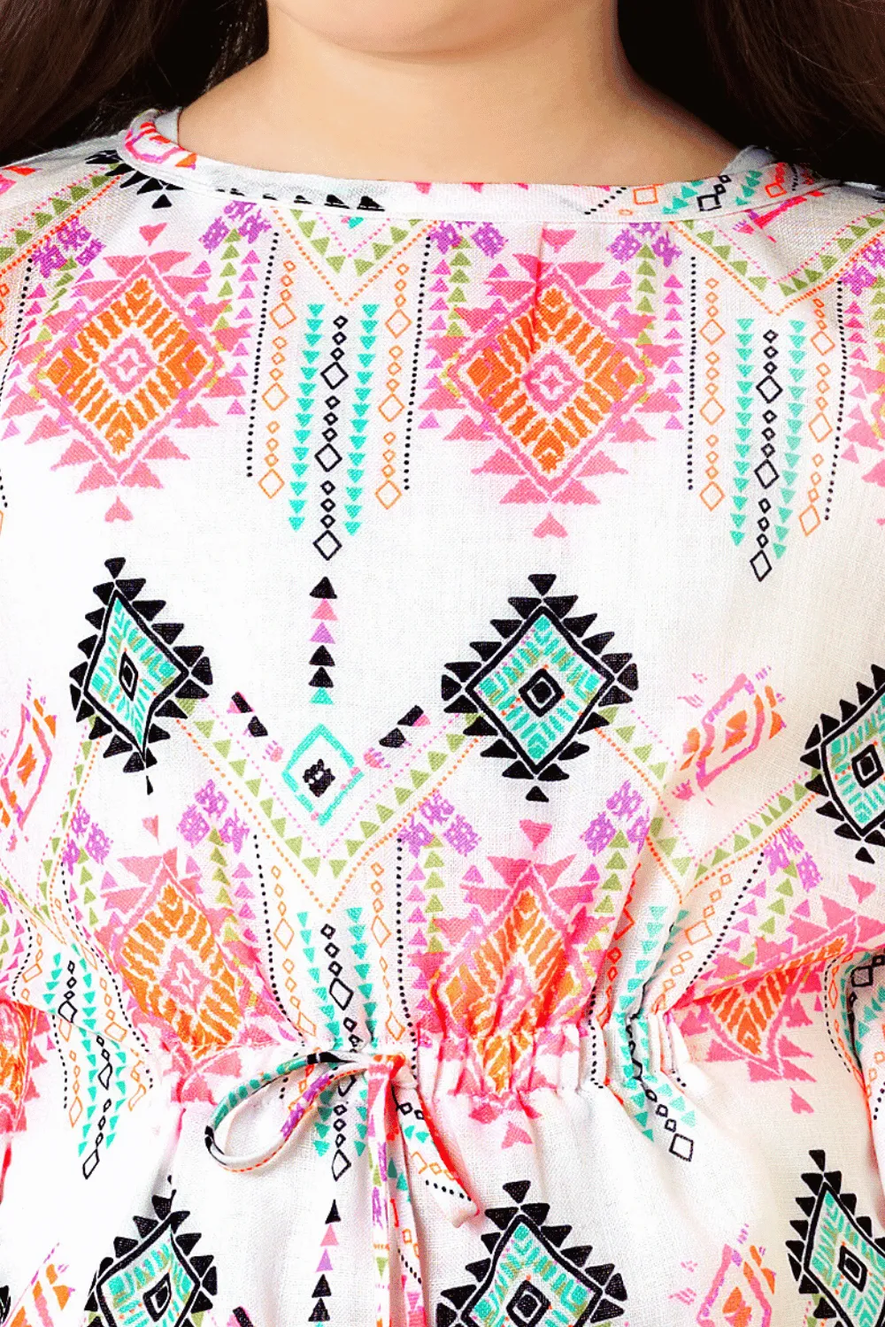 Half White Multicolor Digital Print Kaftan Styled Top and Knee Length Casual Frock for Girls
