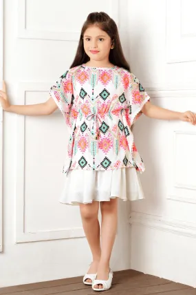 Half White Multicolor Digital Print Kaftan Styled Top and Knee Length Casual Frock for Girls