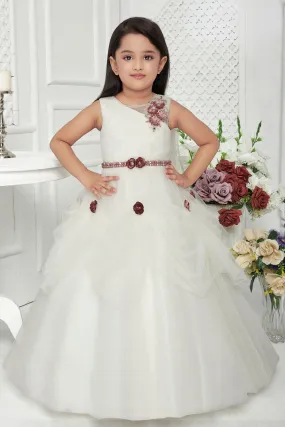 Half White Stone, Pearl and Beads work Long Party Frock for Girls