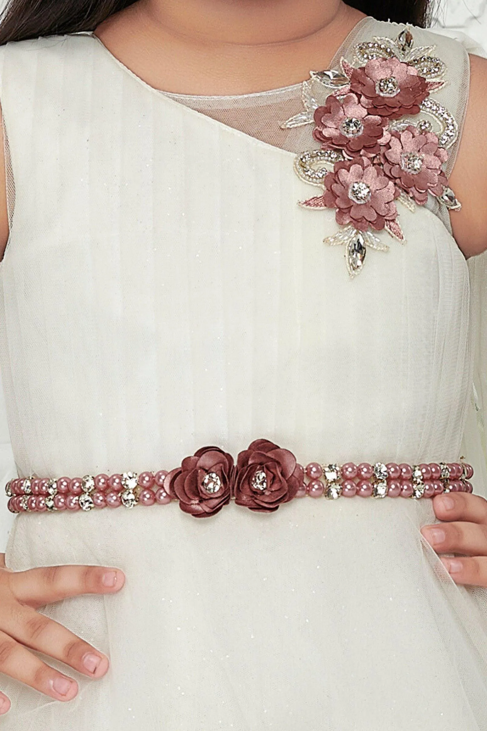 Half White Stone, Pearl and Beads work Long Party Frock for Girls