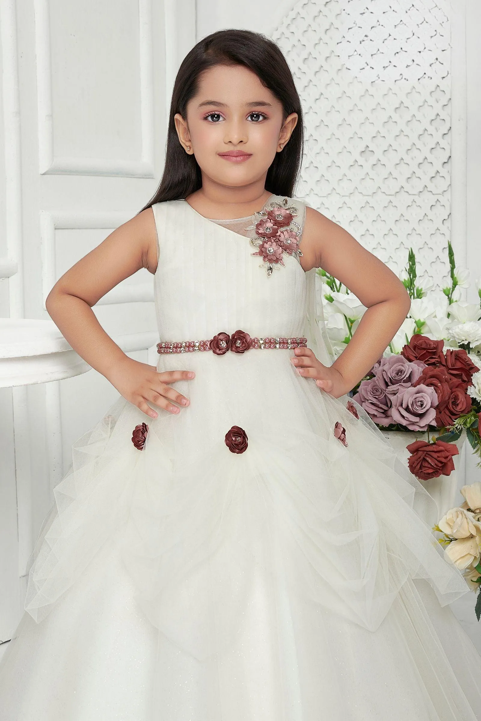 Half White Stone, Pearl and Beads work Long Party Frock for Girls