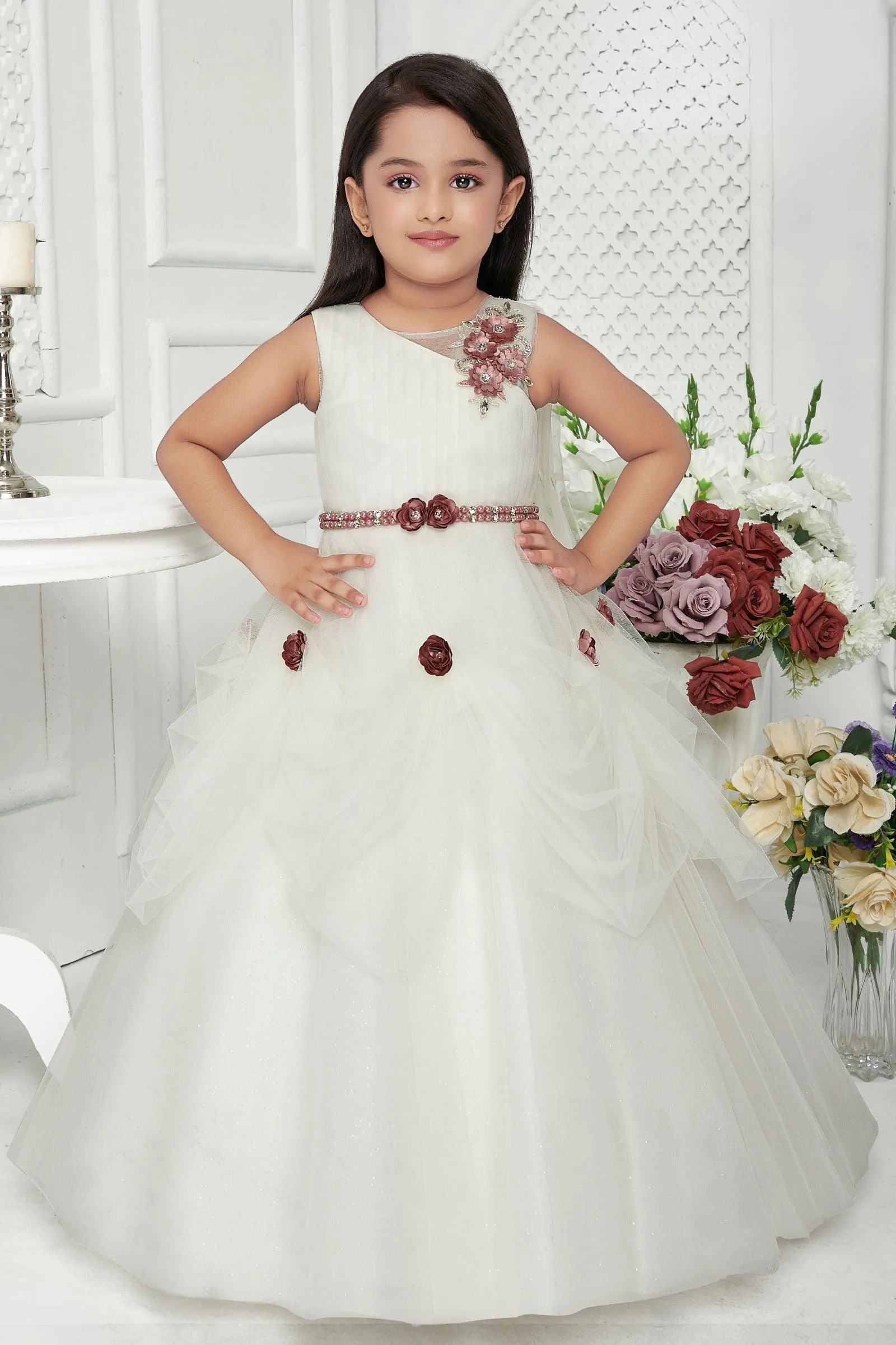 Half White Stone, Pearl and Beads work Long Party Frock for Girls