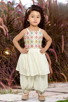 Half White Thread, Sequins and Zari work Peplum Top with Afghani Set for Girls