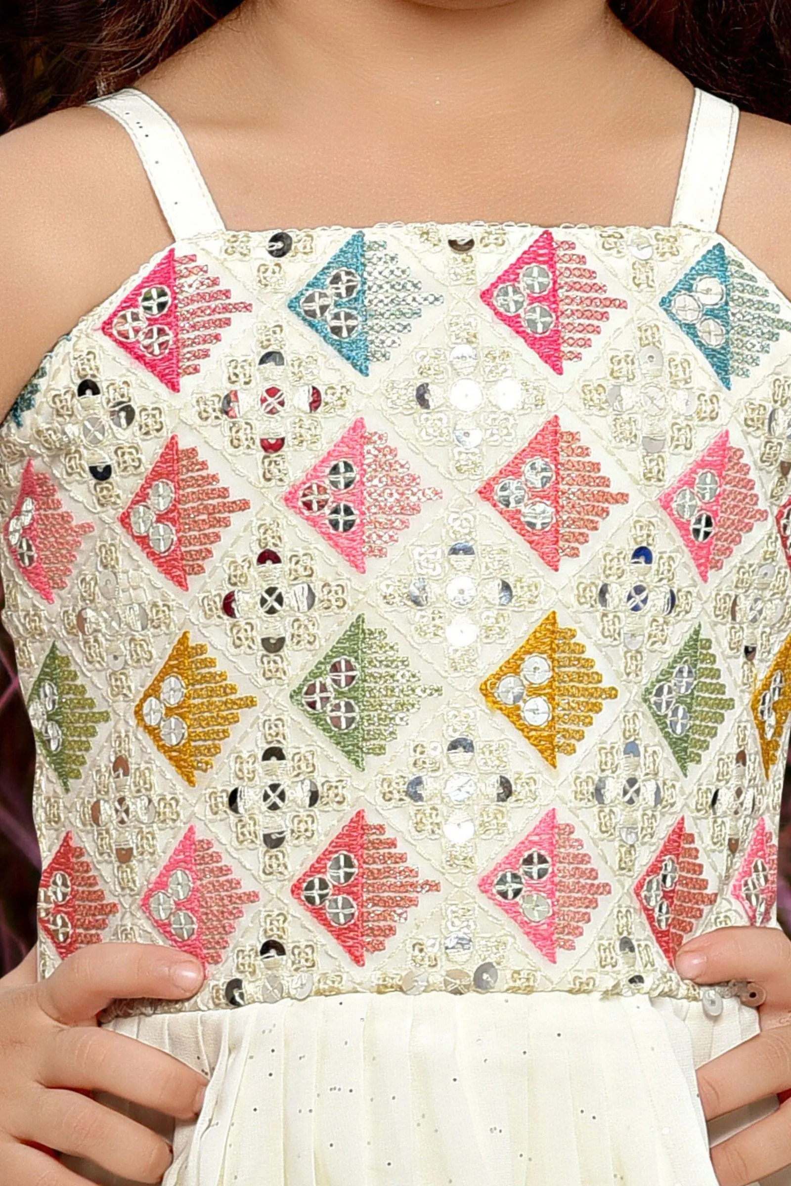 Half White Thread, Sequins and Zari work Peplum Top with Afghani Set for Girls