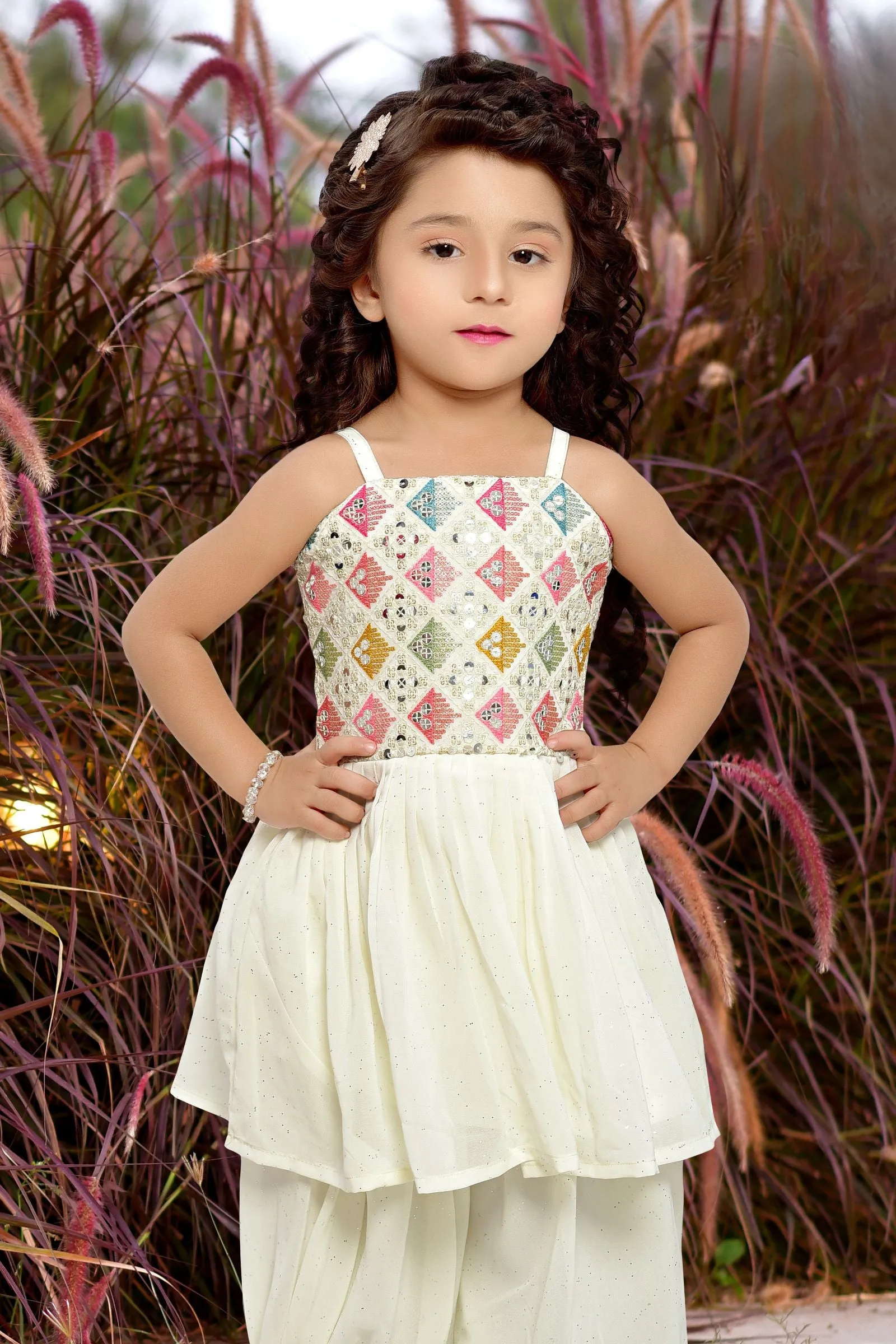 Half White Thread, Sequins and Zari work Peplum Top with Afghani Set for Girls
