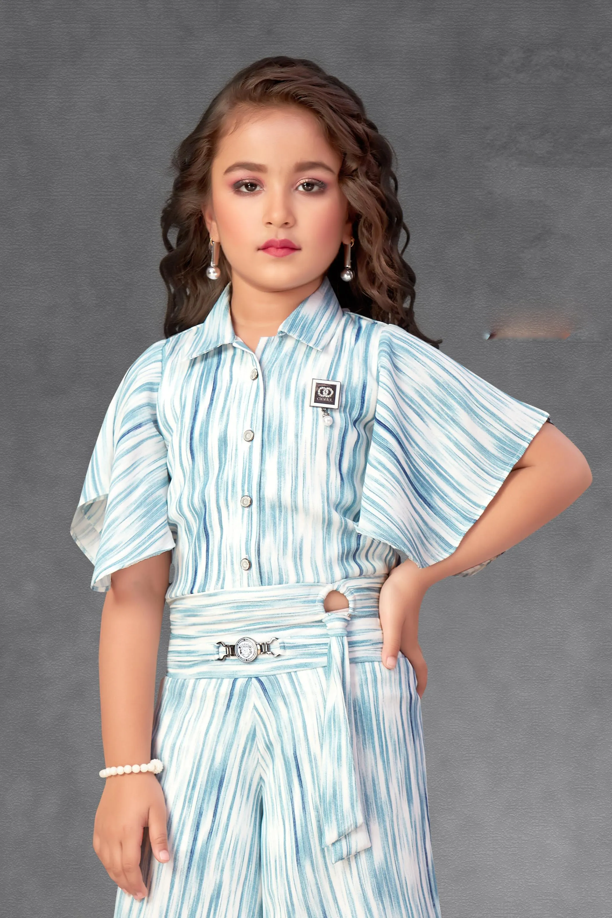 Half White with Blue Printed Top with Palazzo Set for Girls