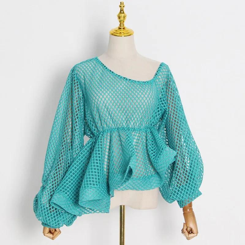 Hollow Out Tees Tops For Women Loose O Neck Long Sleeve Lace Up Asymmetrical Hem T Shirts Female Spring Style