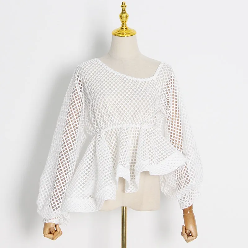 Hollow Out Tees Tops For Women Loose O Neck Long Sleeve Lace Up Asymmetrical Hem T Shirts Female Spring Style