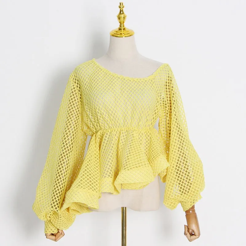 Hollow Out Tees Tops For Women Loose O Neck Long Sleeve Lace Up Asymmetrical Hem T Shirts Female Spring Style