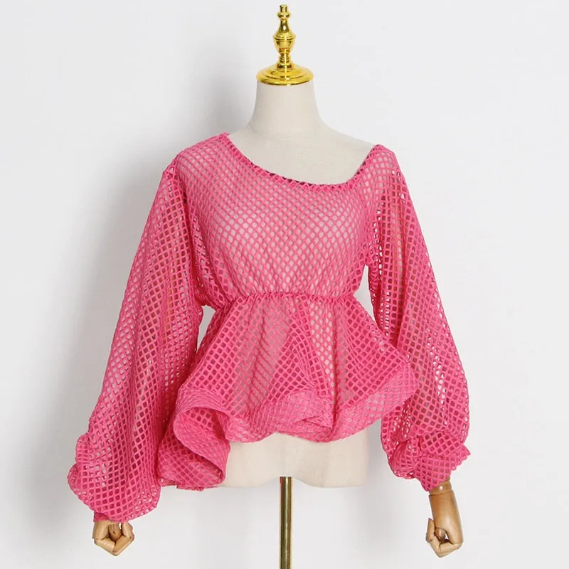 Hollow Out Tees Tops For Women Loose O Neck Long Sleeve Lace Up Asymmetrical Hem T Shirts Female Spring Style