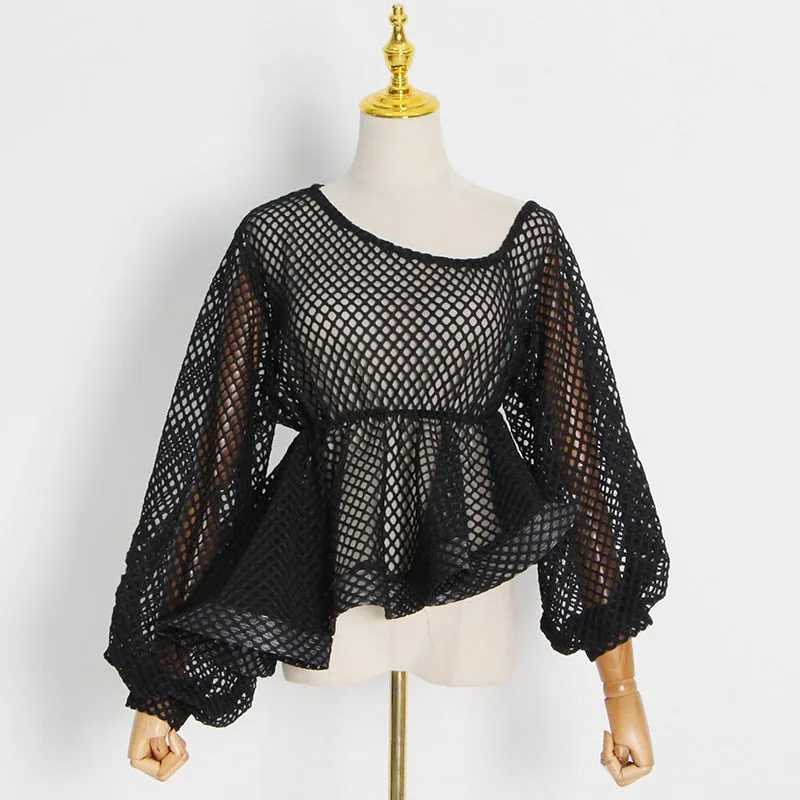 Hollow Out Tees Tops For Women Loose O Neck Long Sleeve Lace Up Asymmetrical Hem T Shirts Female Spring Style