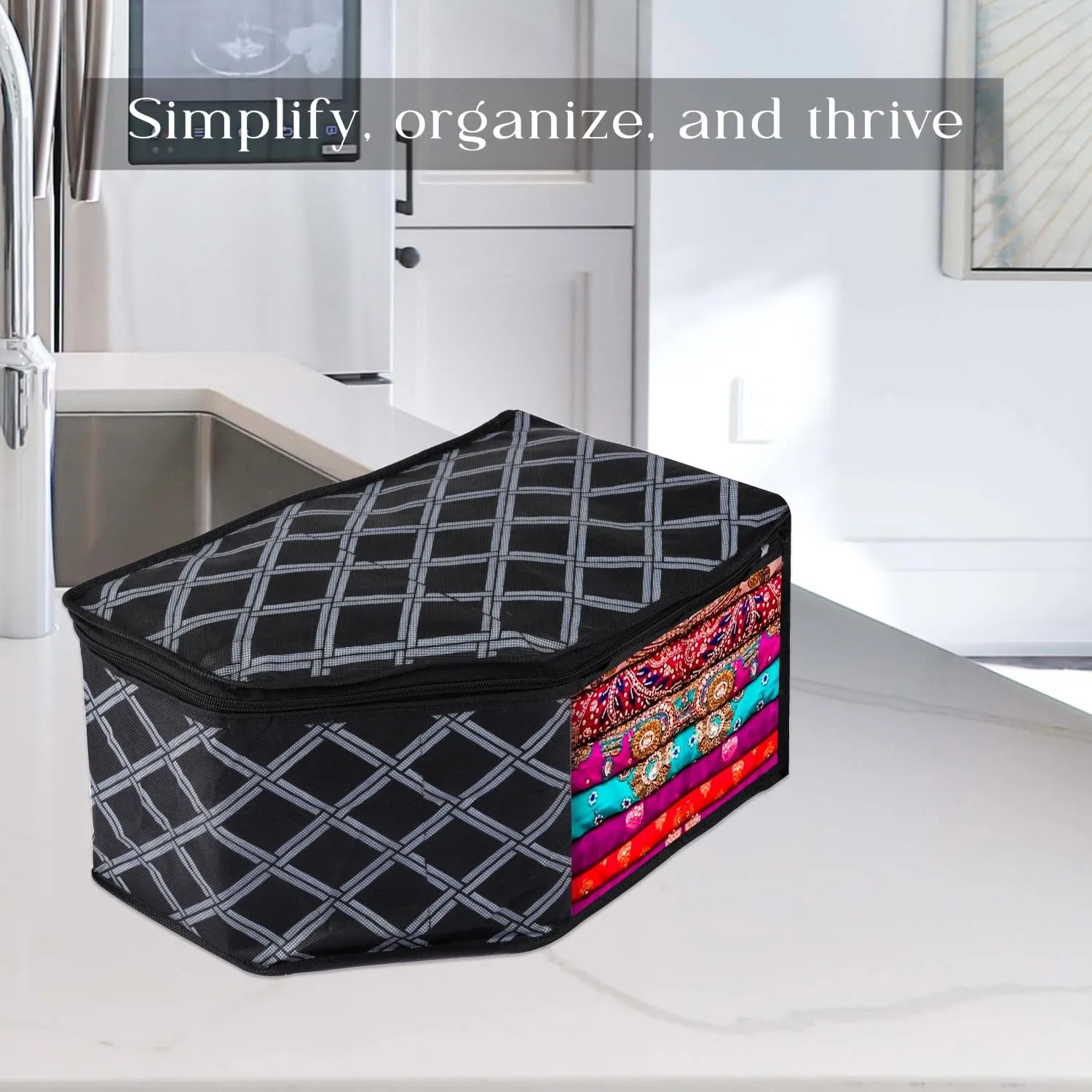 Kuber Industries Blouse Cover | Clothes Storage Bag | Zipper Wardrobe Organizers | Non-Woven Clothes Organiser | Side Transparent Blouse Organizer | Check-Design | Pack of 3 | Black