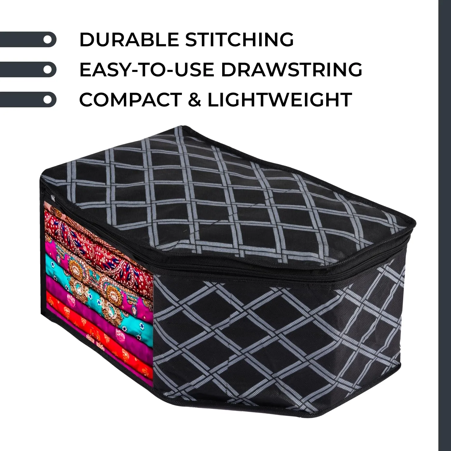 Kuber Industries Blouse Cover | Clothes Storage Bag | Zipper Wardrobe Organizers | Non-Woven Clothes Organiser | Side Transparent Blouse Organizer | Check-Design | Pack of 3 | Black