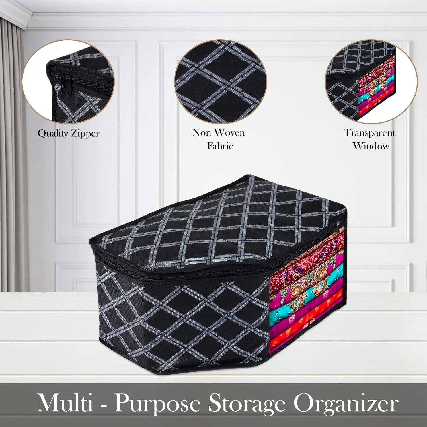 Kuber Industries Blouse Cover | Clothes Storage Bag | Zipper Wardrobe Organizers | Non-Woven Clothes Organiser | Side Transparent Blouse Organizer | Check-Design | Pack of 3 | Black