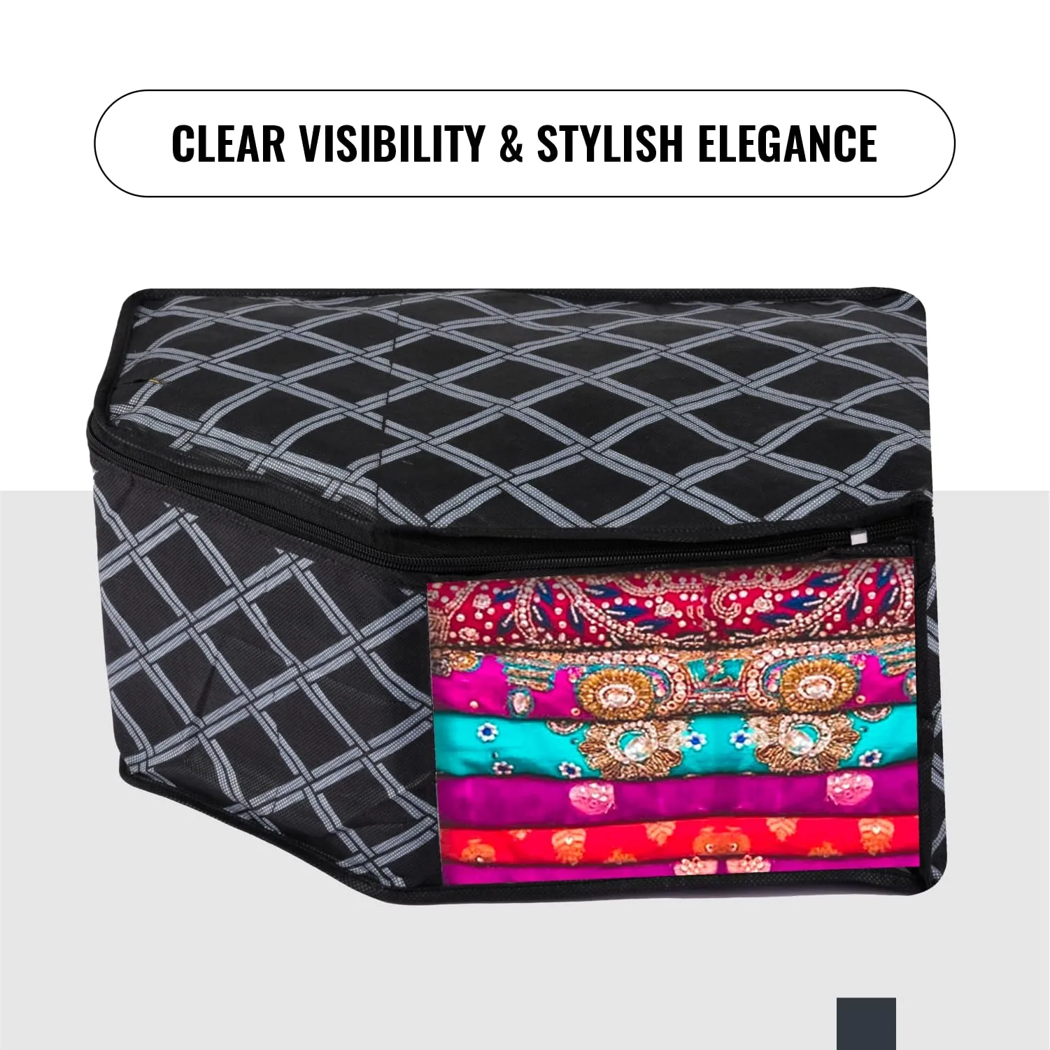 Kuber Industries Blouse Cover | Clothes Storage Bag | Zipper Wardrobe Organizers | Non-Woven Clothes Organiser | Side Transparent Blouse Organizer | Check-Design | Pack of 3 | Black