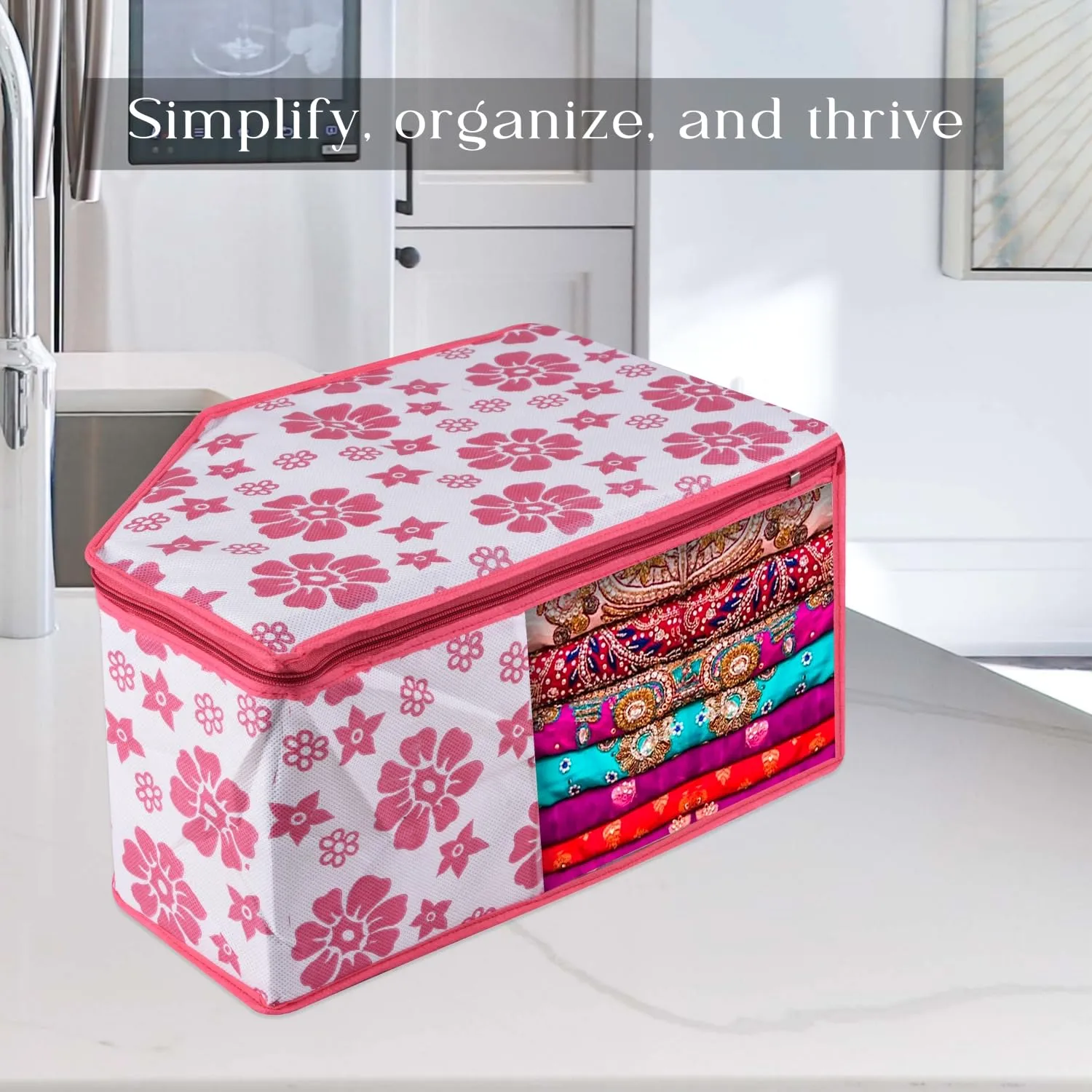 Kuber Industries Blouse Cover | Clothes Storage Bag | Zipper Wardrobe Organizers | Non-Woven Clothes Organiser | Side Transparent Blouse Organizer | Flower-Design | Pack of 3 | Pink