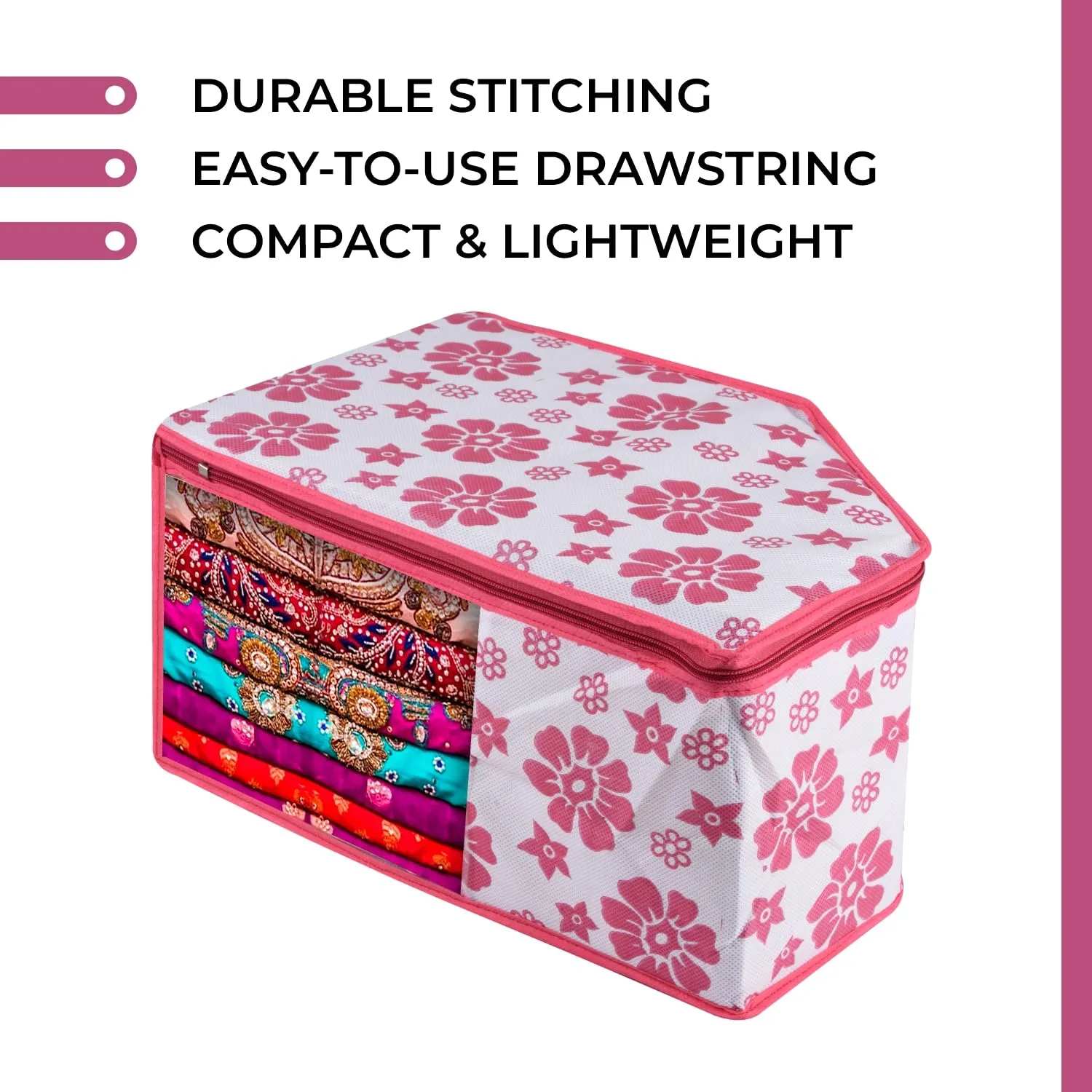 Kuber Industries Blouse Cover | Clothes Storage Bag | Zipper Wardrobe Organizers | Non-Woven Clothes Organiser | Side Transparent Blouse Organizer | Flower-Design | Pack of 3 | Pink
