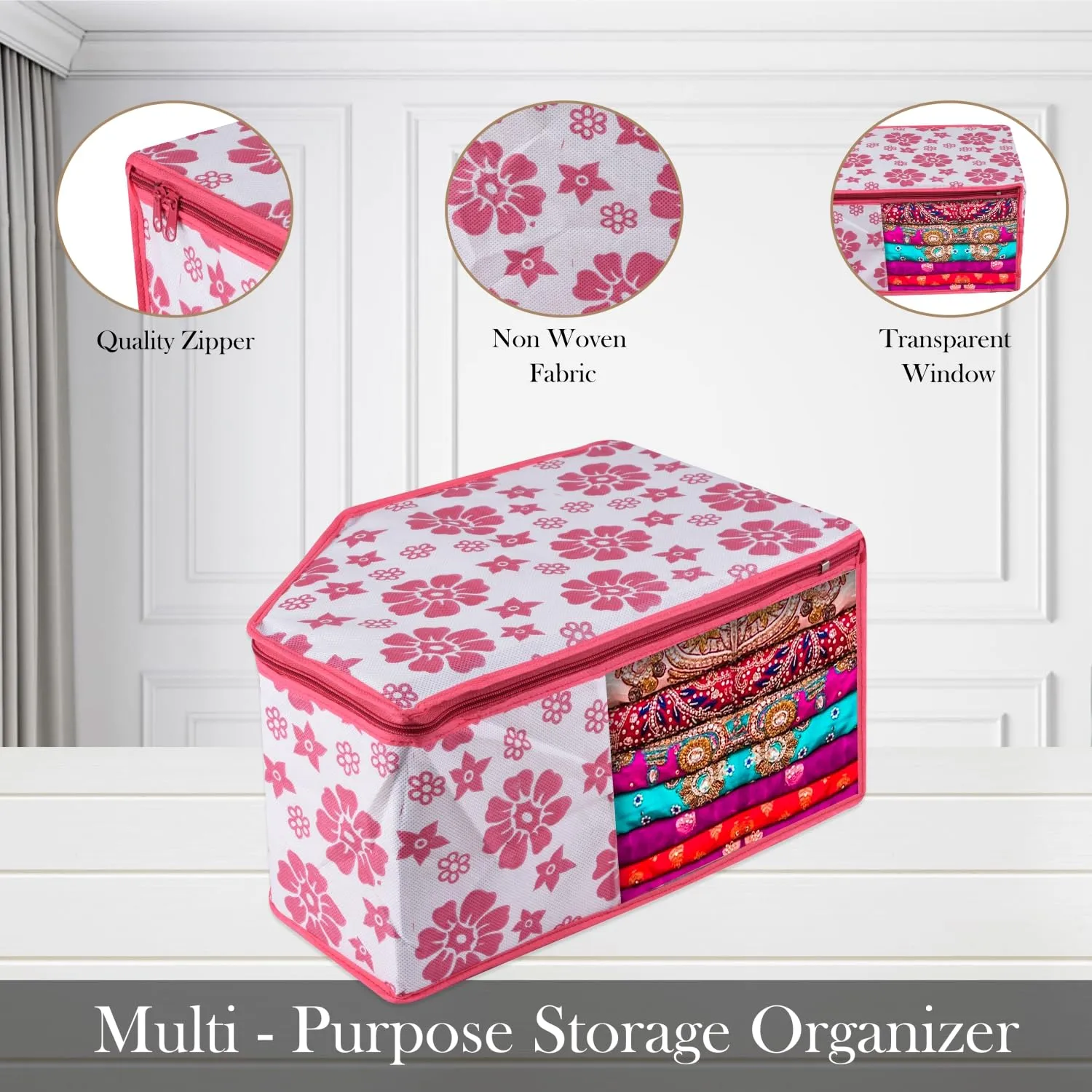 Kuber Industries Blouse Cover | Clothes Storage Bag | Zipper Wardrobe Organizers | Non-Woven Clothes Organiser | Side Transparent Blouse Organizer | Flower-Design | Pack of 3 | Pink
