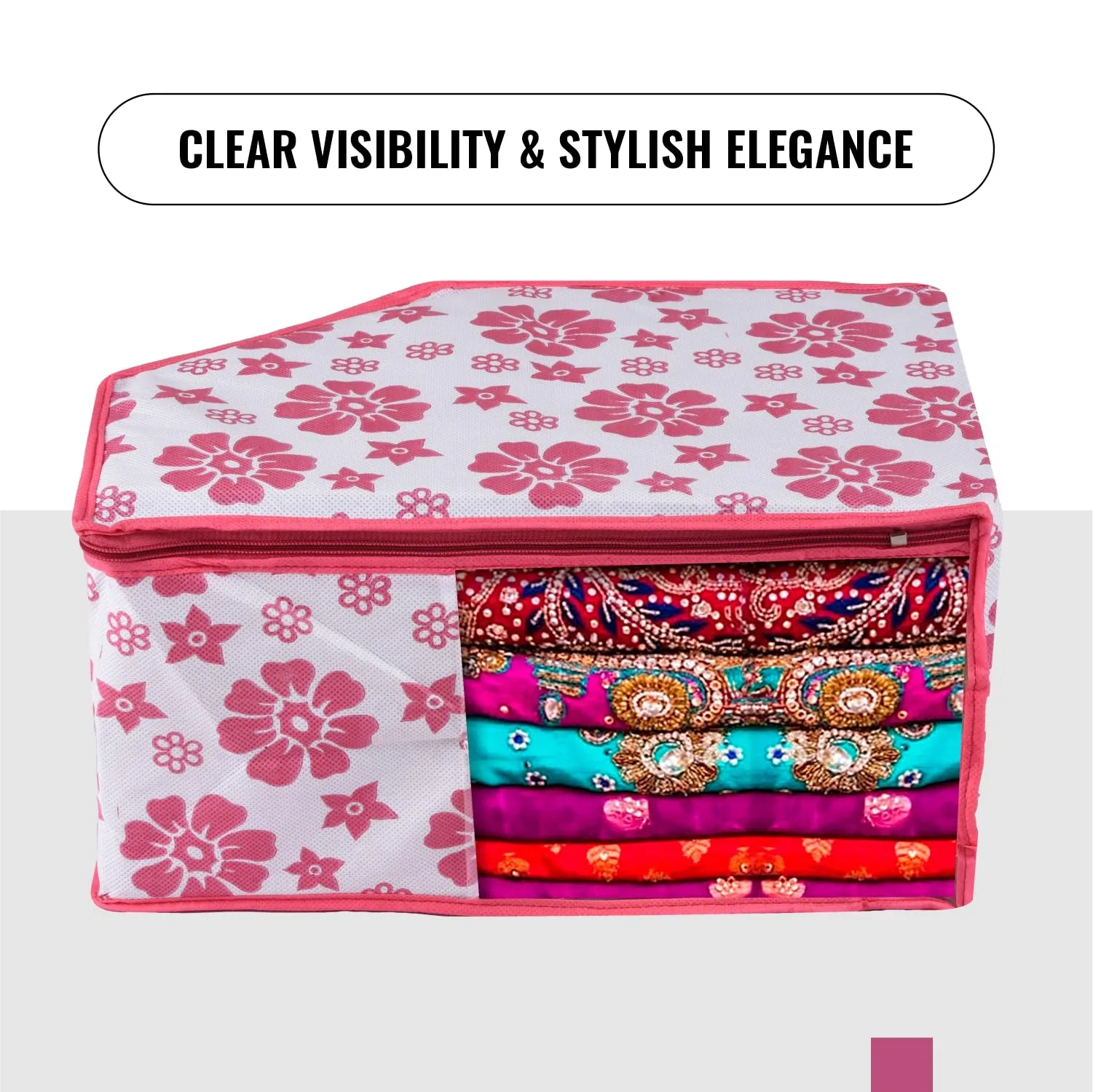 Kuber Industries Blouse Cover | Clothes Storage Bag | Zipper Wardrobe Organizers | Non-Woven Clothes Organiser | Side Transparent Blouse Organizer | Flower-Design | Pack of 3 | Pink
