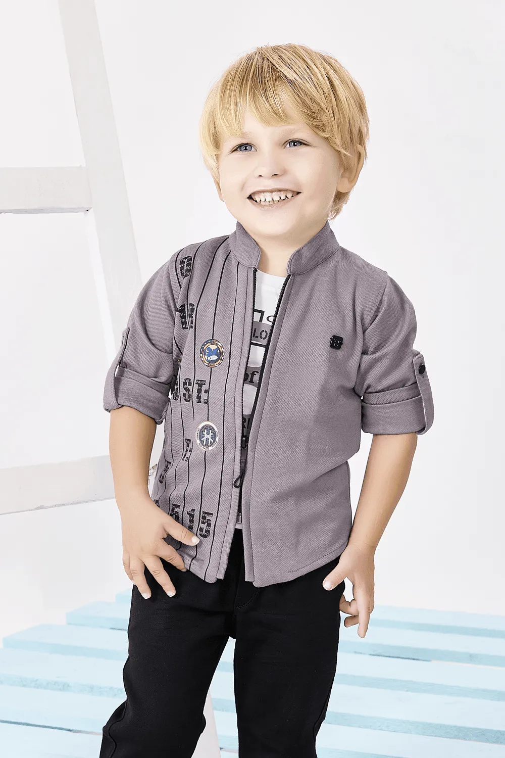 Lavender Blazer with White T-Shirt and Black Jeans Pant Set for Boys